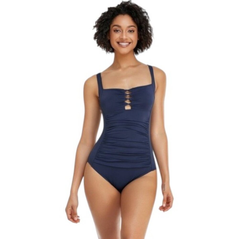 Liora tummy control blue lace up one piece swimsuit ruched push up bathing suit